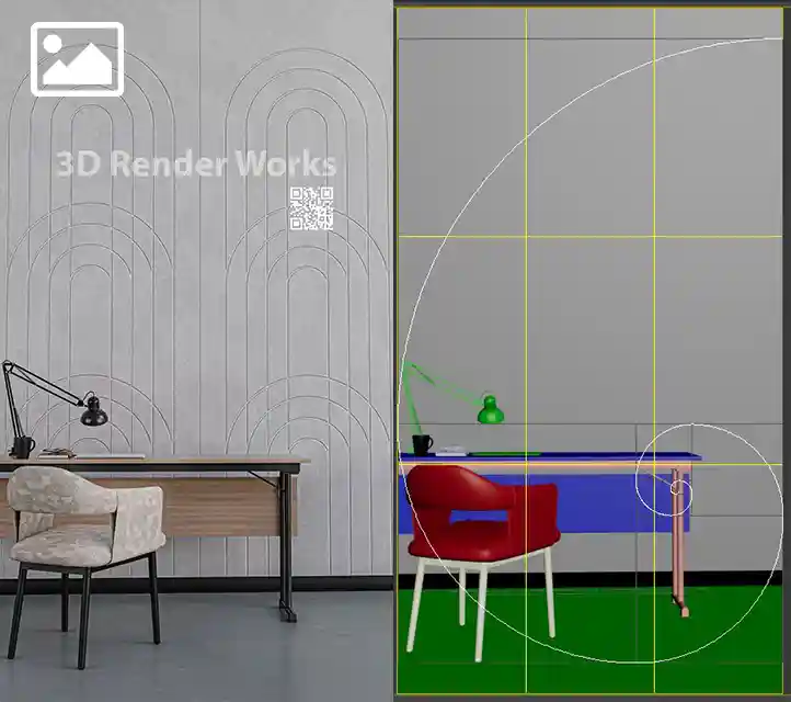 Kemer desenli dokulu bir mimari duvarın önünde yer alan minimalist toplantı masası düzenini sergileyen, yüksek kaliteli 3D iç mekan görselleştirmesi.