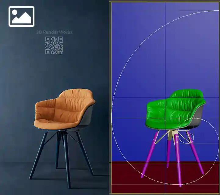 Dokulu koyu mavi bir duvar önünde; turuncu kumaş döşemeli ve koyu mavi ayaklı, lüks ve modern bir ofis veya yemek sandalyesinin yüksek kaliteli 3D görselleştirmesi.