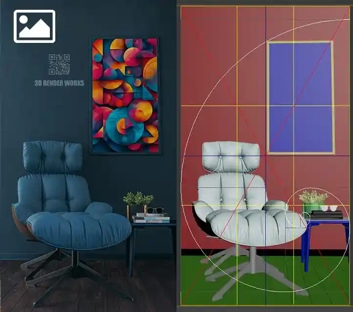 Koyu ve atmosferik bir duvar önünde; çağdaş, kapitoneli mavi bir dinlenme koltuğu, minimalist bir yan sehpa ve canlı, soyut geometrik bir sanat eserini içeren yüksek kaliteli 3D iç mekan görselleştirmesi.