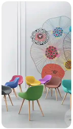 Ahşap ayaklı ve kumaş kaplamalı renkli modern yemek sandalyelerinin, soyut duvar resmiyle dekore edilmiş aydınlık bir stüdyo showroom ortamında sergilendiği, yüksek kaliteli 3D render yaşam tarzı ürün görselleştirmesi.
