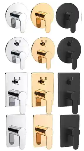 Yuvarlak ve kare tasarımlara sahip, krom, altın, mat siyah ve beyaz kaplama seçenekleriyle sunulan ankastre banyo/duş bataryası kontrol panelleri ve valflerinin yüksek kaliteli 3D render görselleştirmesi.