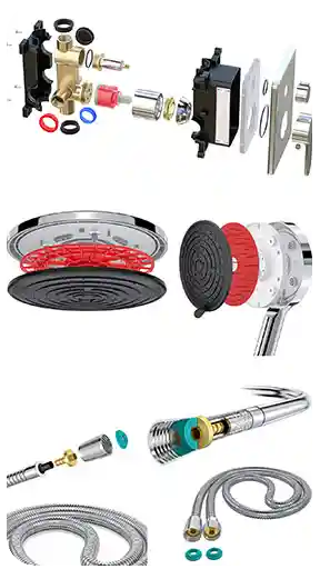 Sıva altı vana gövdesi, tepe duşu, el duşu bileşenleri ve esnek hortum bağlantı detaylarının patlatılmış (exploded view) görünümleriyle sunulduğu, komple ankastre duş setini içeren yüksek kaliteli teknik 3D render görselleştirmesi.