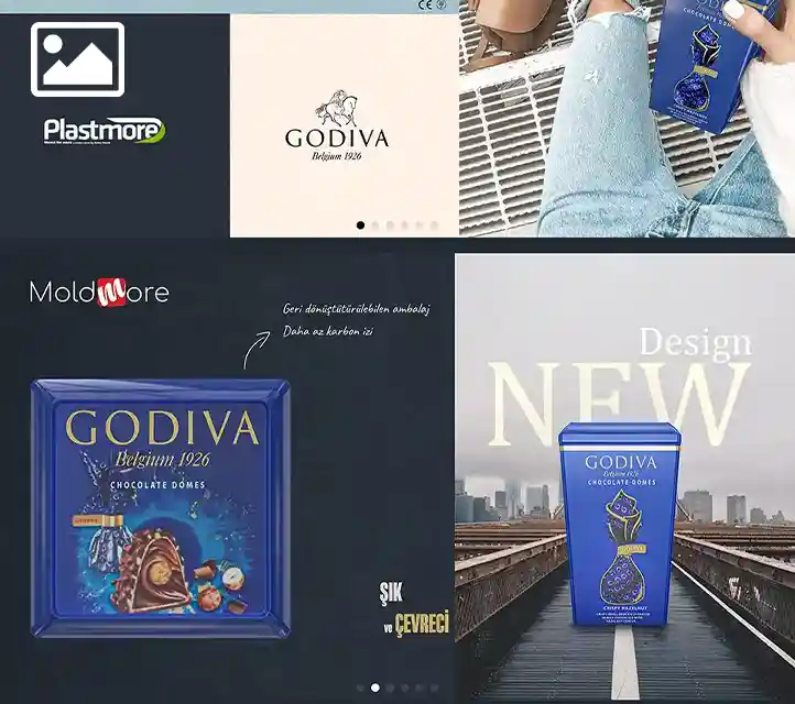 Godiva çikolata ürün ambalajını, marka kimliğini, yaşam tarzı fotoğraflarını ve teknik tasarım detaylarını sergileyen yüksek kaliteli 3D render teknik katalog matrisi.