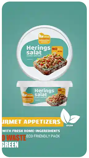 Düz cam göbeği (teal) arka plan üzerinde, vegan ve çevre dostu ürün markalama tasarımına sahip Herings Salat gurme mezelerinin yüksek kaliteli 3D render gıda ambalajı görselleştirmesi.