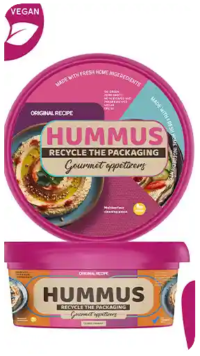 Üst kapak grafiğini ve yan profil maketlerini gösteren, yüksek kaliteli 3D görselleştirme ve grafik tasarım sunumuyla hazırlanmış, vegan ve çevre dostu bir humus ambalajı.