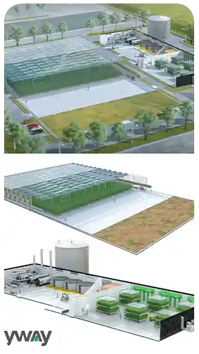 Hem mimari yerleşim düzenini hem de ayrıntılı teknik iç sistemleri sergileyen, modern bir Keyway sera tesisinin yüksek kaliteli, izometrik 3D görselleştirmesi.