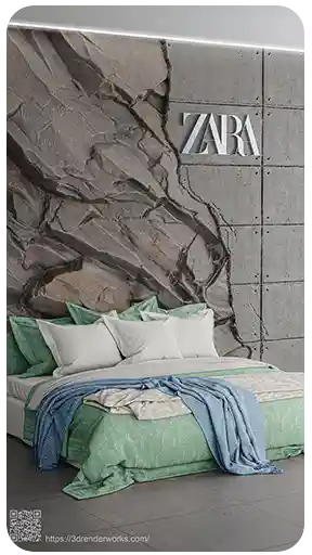 Ham taş ve betonun entegre edildiği özgün duvar tasarımı, marka yerleşimi ve yumuşak dokulu tekstil ürünleriyle öne çıkan, üst düzey bir yatak odası ortamını yansıtan yüksek kaliteli 3D iç mekan görselleştirmesi.