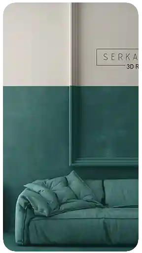 Klasik pervaz panelli çift renkli bir duvarın önünde yer alan, modern ve üstün kaliteli zümrüt yeşili kumaş bir kanepenin yüksek kaliteli, yaşam tarzı odaklı 3D görselleştirmesi.