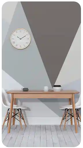 İskandinav tarzı geometrik desenli bir duvar ve yuvarlak bir saat önünde, Eames tarzı sandalyelerle tamamlanmış minimalist ahşap yemek masasının yer aldığı, yüksek kaliteli, yaşam tarzı odaklı 3D görselleştirme sahnesi.