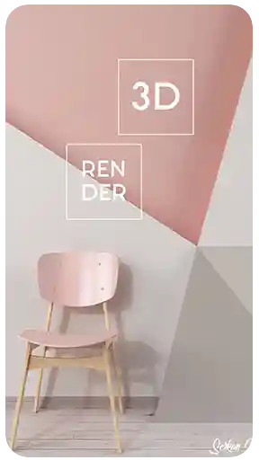 Geometrik, pastel renkli bir duvarın önünde tasarım bir sandalyenin yer aldığı, minimalist bir ortamın yüksek kaliteli 3D iç mekan görselleştirmesi.