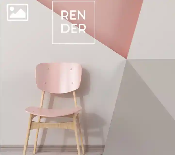 Geometrik, pastel renkli bir duvarın önünde tasarım bir sandalyenin yer aldığı, minimalist bir ortamın yüksek kaliteli 3D iç mekan görselleştirmesi.