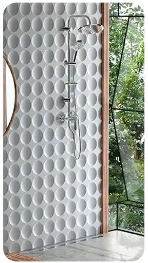 High quality 3d render interior visualization featuring a contemporary chrome shower faucet set in a modern bathroom with unique 3d circular wall patterns and a nature view
