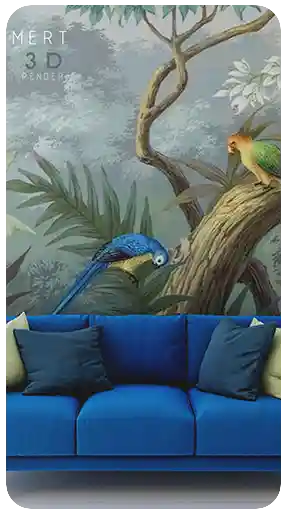 Papağanların yer aldığı tropikal Chinoiserie tarzı orman temalı duvar kağıdı fonunda; dekoratif yastıklarla tamamlanmış, modern ve canlı mavi kumaş bir kanepenin yer aldığı, yüksek kaliteli, yaşam tarzı odaklı 3D render görseli.
