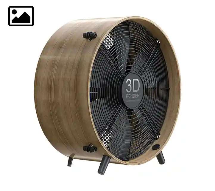 Ahşap dış gövdeye, siyah tel ızgaraya ve minimalist estetik bir tasarıma sahip modern bir masa vantilatörünün yüksek kaliteli 3D görselleştirmesi.