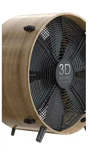 Ahşap dış gövdeye, siyah tel ızgaraya ve minimalist estetik bir tasarıma sahip modern bir masa vantilatörünün yüksek kaliteli 3D görselleştirmesi.