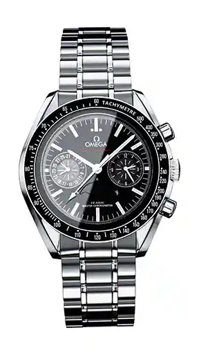 Paslanmaz çelik bilezik, takimetre bezeli ve ince işlenmiş kadran detaylarına sahip bir Omega Speedmaster kronograf saatinin yüksek kaliteli 3D görselleştirmesi.