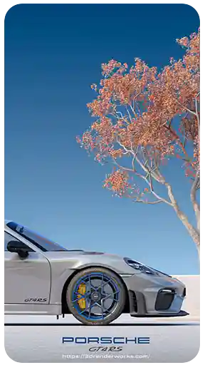 Minimalist bir mimari ortamda, dekoratif bir ağaçla birlikte park edilmiş gümüş renkli bir Porsche 718 Cayman GT4 RS'in yüksek kaliteli 3D otomotiv görselleştirmesi.