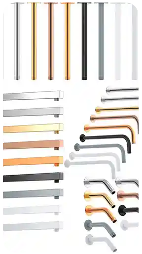 Krom, altın, rose gold, siyah ve beyaz dahil olmak üzere çeşitli renk ve yüzey seçeneklerine sahip çok sayıda duş kolu, boru ve tesisat bileşenini sergileyen, yüksek kaliteli 3D ürün görselleştirme matrisi.