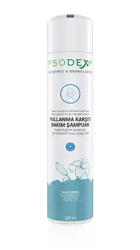 Beyaz arka plan üzerinde izole edilmiş, Psodex marka tıbbi kepek karşıtı bakım şampuanı şişesinin yüksek kaliteli 3D stüdyo render'ı ve ürün görselleştirmesi.