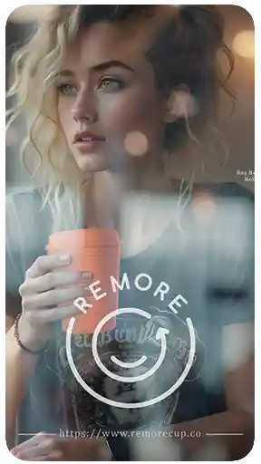 Remore markasinin surdurulebilir dunya vizyonu ve dongusel ekonomi modelini vurgulayan, reklam kampanyasi ve kurumsal sosyal medya brosuru konseptli profesyonel lifestyle 3d render calismasi. Gorselde, bir kafe / kahve dukkani ic mekaninda (coffee shop interior) pencere kenarinda oturan sarisin genc bir kadin model, cam arkasindan (window reflection) yansiyan soft isik ve sehir efektleriyle canlandirilmaktadir. Model, iki eliyle Remore markasina ait canli turuncu (orange) renkli, uzerinde kabartma 