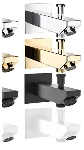 Yönlendirici seçeneklerine sahip; krom, altın, mat siyah ve beyaz kaplamalı, modern, kare formlu ve duvara monte banyo küvet batarya ağızlarının yüksek kaliteli 3D görselleştirmesi.