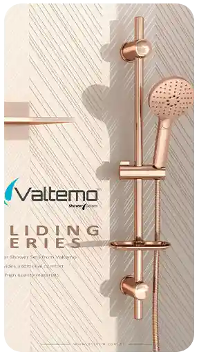 Üstün kaliteli yüzey kaplamaları ve modern banyo tasarım estetiğiyle öne çıkan, Valtemo Sliding Serisi bronz duş setinin yüksek kaliteli 3D render ürün görselleştirmesi.