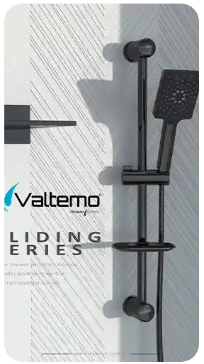 Üstün yüzey kalitesi ve modern banyo tasarım estetiğine sahip, Valtemo Sliding Serisi mat siyah duş setinin yüksek kaliteli 3D render ürün görselleştirmesi.
