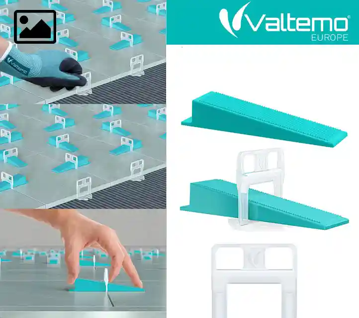 Profesyonel seramik döşeme uygulamaları için Valtemo karo tesviye sistemi klips ve kamalarının yüksek kaliteli 3D görselleştirmesi, infografiği ve uygulama kılavuzu.