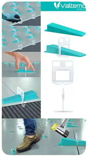 Profesyonel seramik döşeme uygulamaları için Valtemo karo tesviye sistemi klips ve kamalarının yüksek kaliteli 3D görselleştirmesi, infografiği ve uygulama kılavuzu.